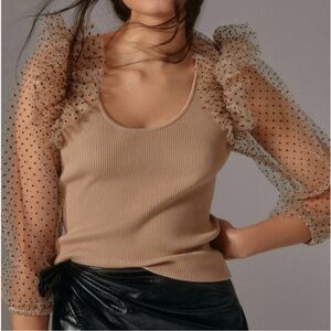 Anthropologie Beige Top with Black Polka Dot Mesh Sleeves